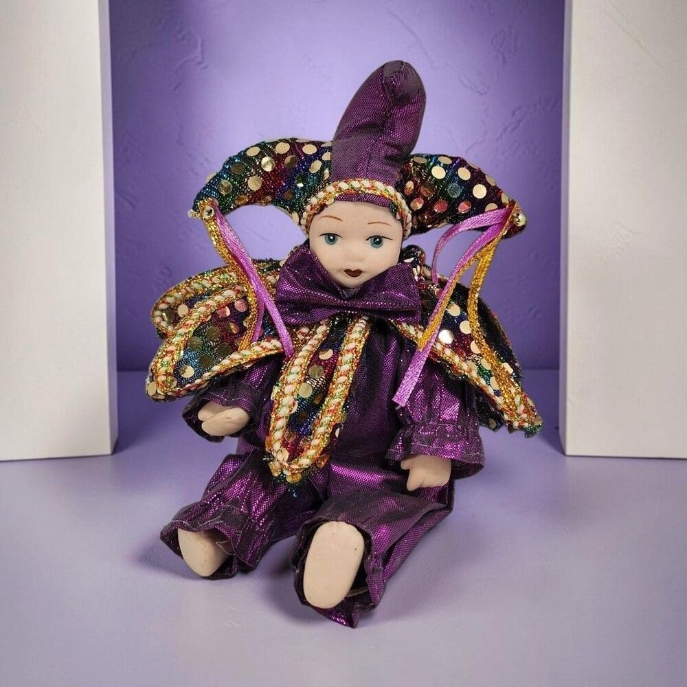 Vintage Mardi Gras Jester Doll 8" Porcelain Posable Purple Gold Harlequin NOLA